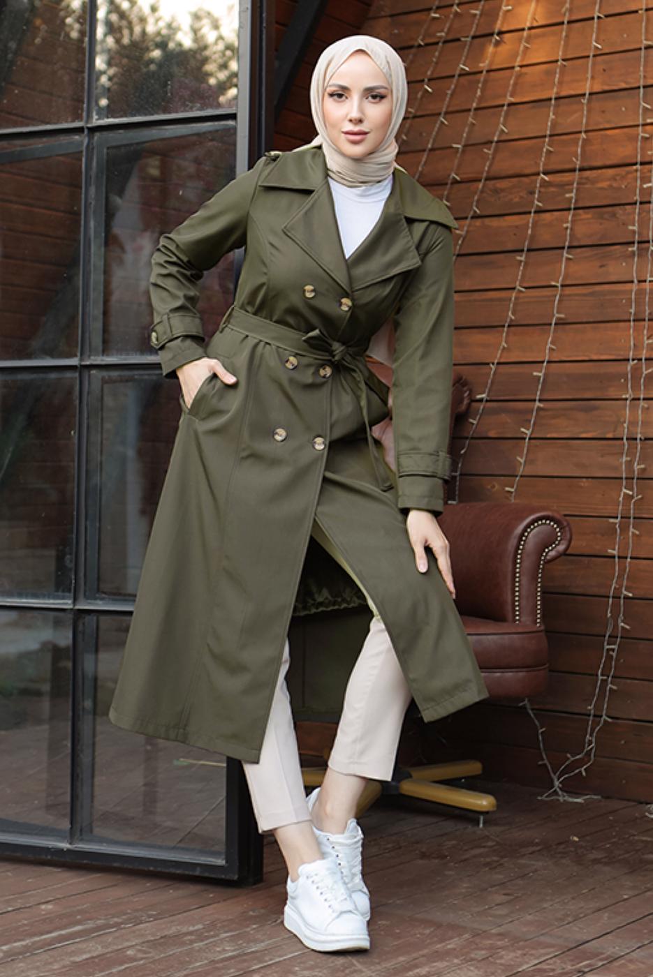 Hijab clothing KHAKI BELTED TRENCH COAT T 1521