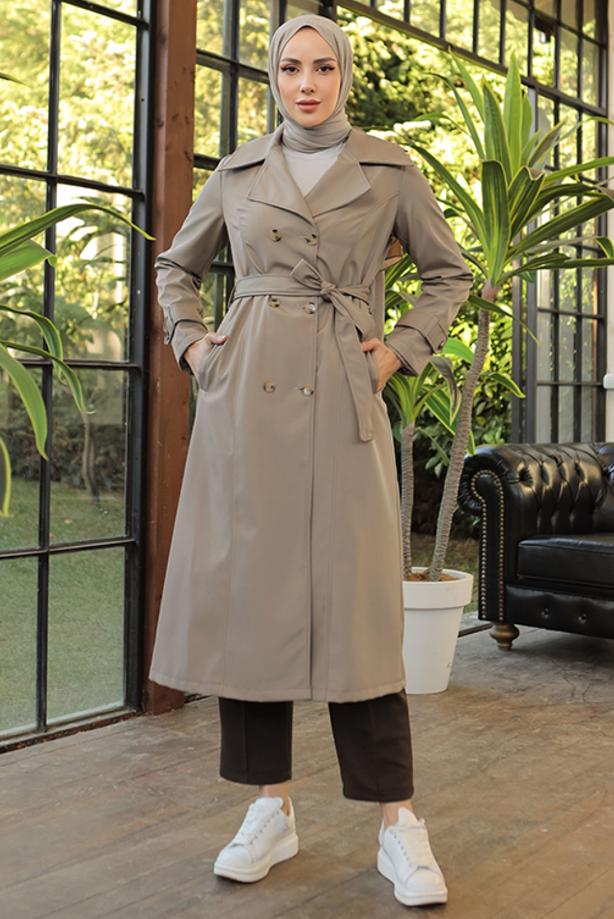 Tesettür giyim BEJ KUŞAKLI TRENÇKOT T 1521 - TRENDTESETTÜR