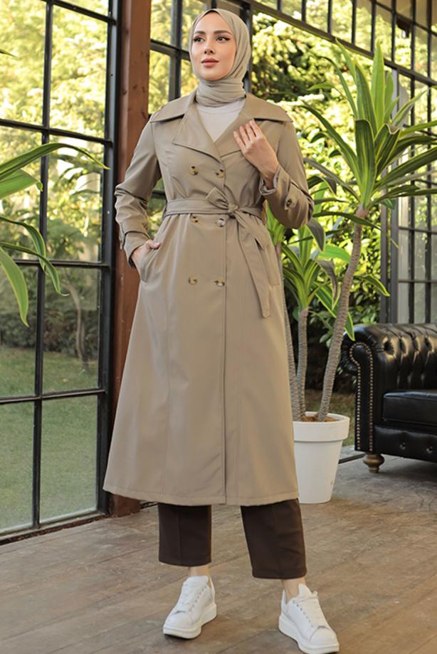 Tesettür giyim BEJ KUŞAKLI TRENÇKOT T 1521 - TRENDTESETTÜR