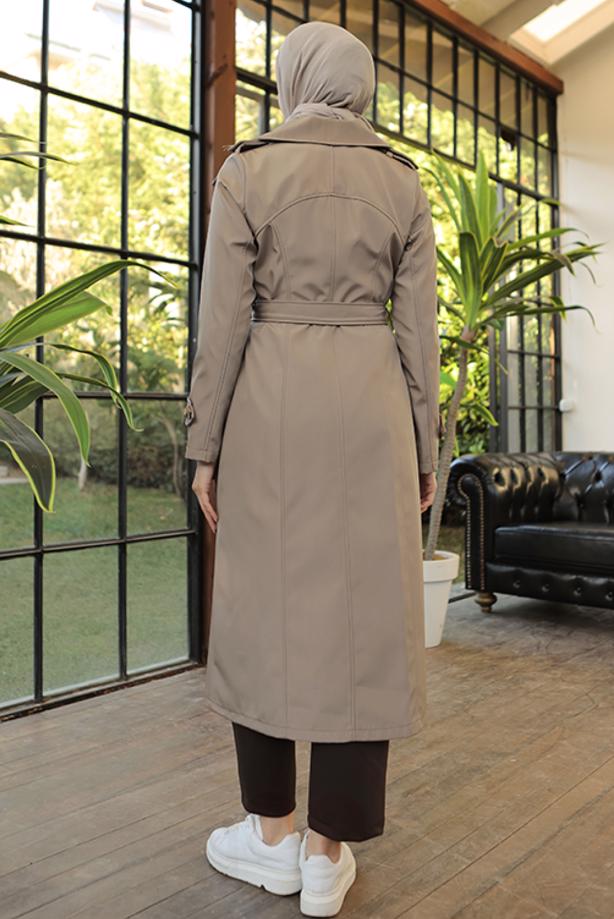 Tesettür giyim BEJ KUŞAKLI TRENÇKOT T 1521 - TRENDTESETTÜR