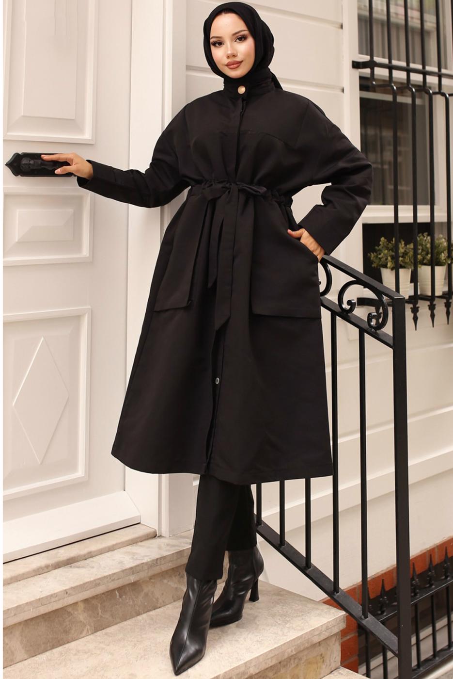 Vêtements hijab NOIR TRENCH-COAT CEINTURE T 1712 