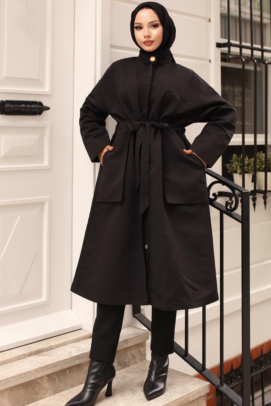 Vêtements hijab NOIR TRENCH-COAT CEINTURE T 1712 