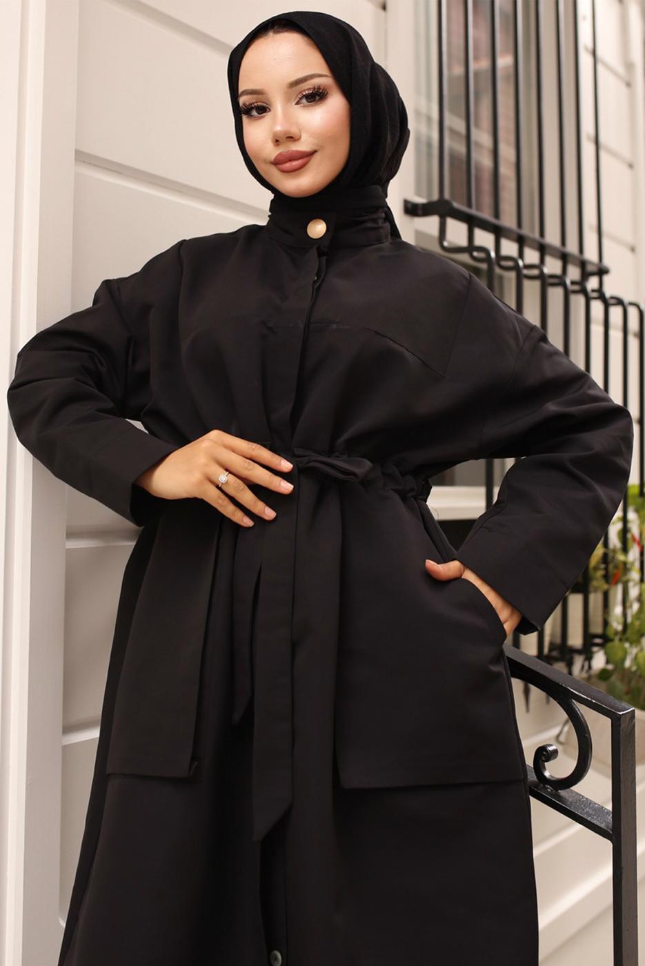 Vêtements hijab NOIR TRENCH-COAT CEINTURE T 1712 