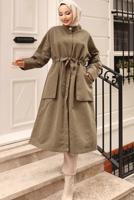 Tesettür giyim HAKİ KUŞAKLI TRENÇKOT T 1712 
