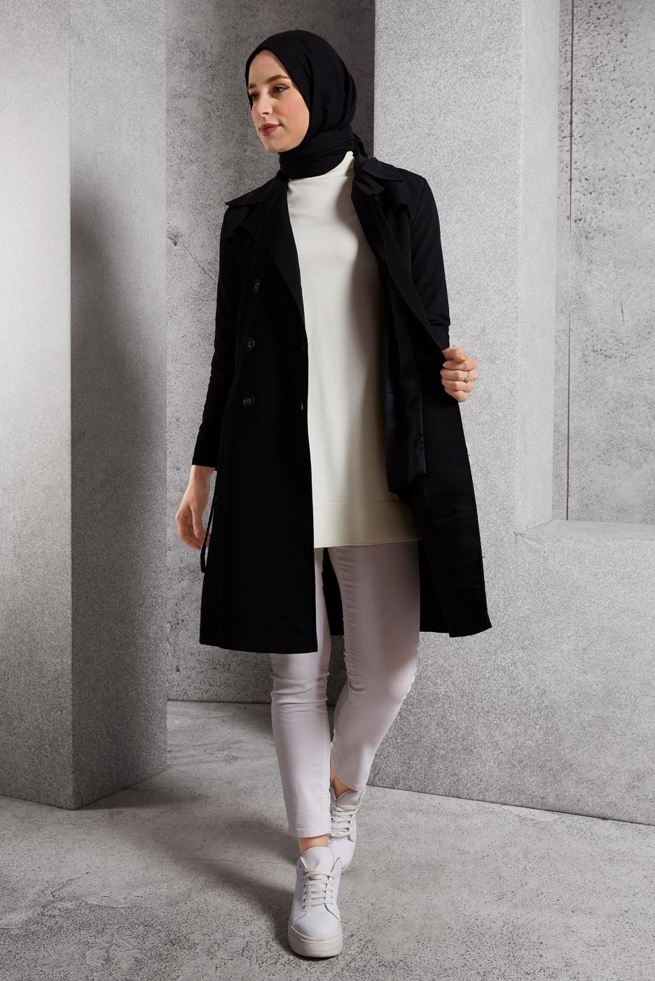 Tesettür giyim SİYAH KUŞAKLI TRENÇKOT T 2216
