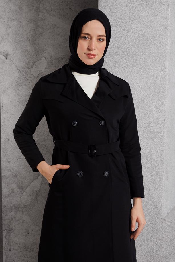 Tesettür giyim SİYAH KUŞAKLI TRENÇKOT T 2216 - TRENDTESETTÜR