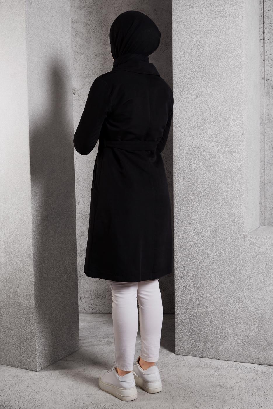 Tesettür giyim SİYAH KUŞAKLI TRENÇKOT T 2216