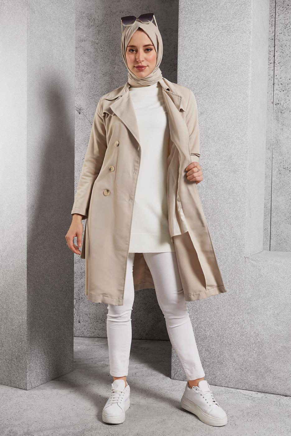 Tesettür giyim BEJ KUŞAKLI TRENÇKOT T 2216