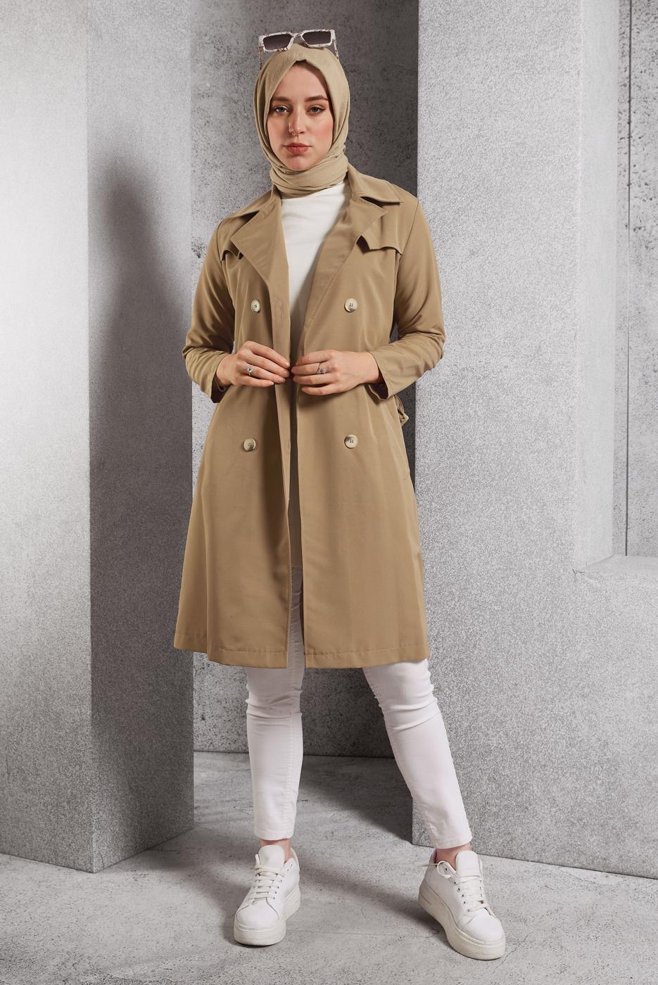 Tesettür giyim VİZON KUŞAKLI TRENÇKOT T 2216