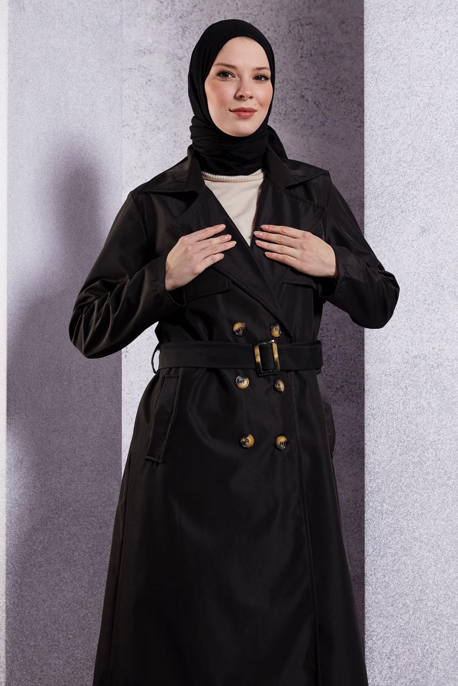 Hijab clothing BLACK BELTED COAT T 2703