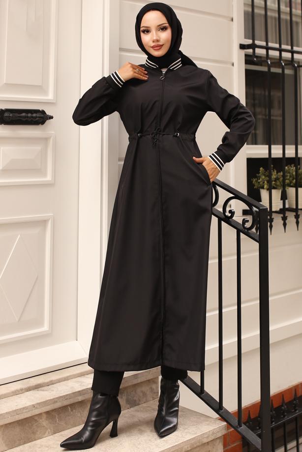 Vêtements hijab NOIR TRENCH-COAT À TAILLE ÉLASTIQUE T 5083 - TRENDTESETTÜR