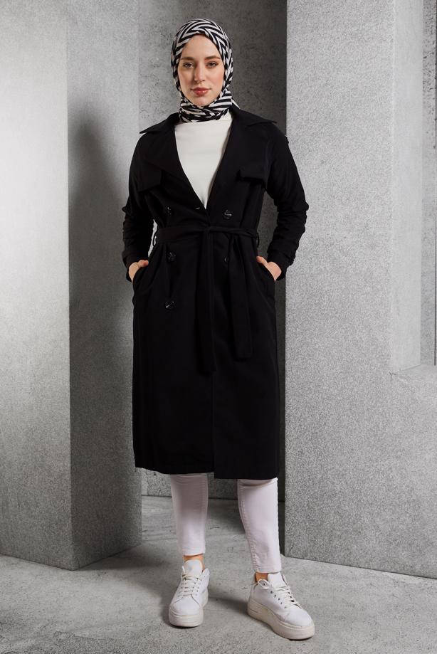 Vêtements hijab NOIR TRENCH-COAT CEINTURÉ T 6216 - TRENDTESETTÜR