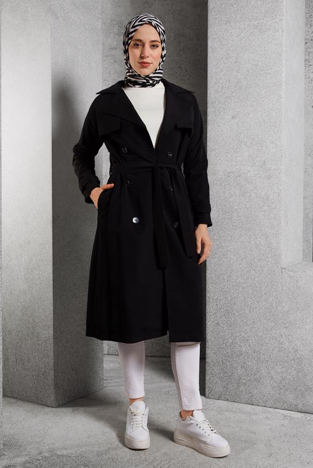 Vêtements hijab NOIR TRENCH-COAT CEINTURÉ T 6216 - TRENDTESETTÜR