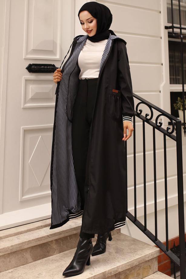 Vêtements hijab NOIR TRENCH-COAT À CAPUCHE T 6521 - TRENDTESETTÜR