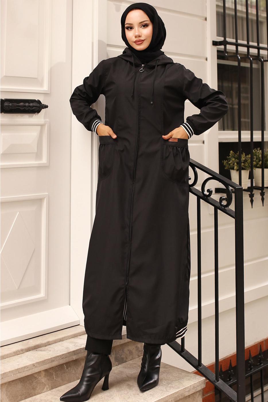 Tesettür giyim SİYAH KAPÜŞONLU TRENÇKOT T 6521