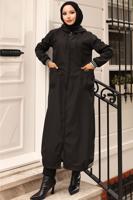 Tesettür giyim SİYAH KAPÜŞONLU TRENÇKOT T 6521