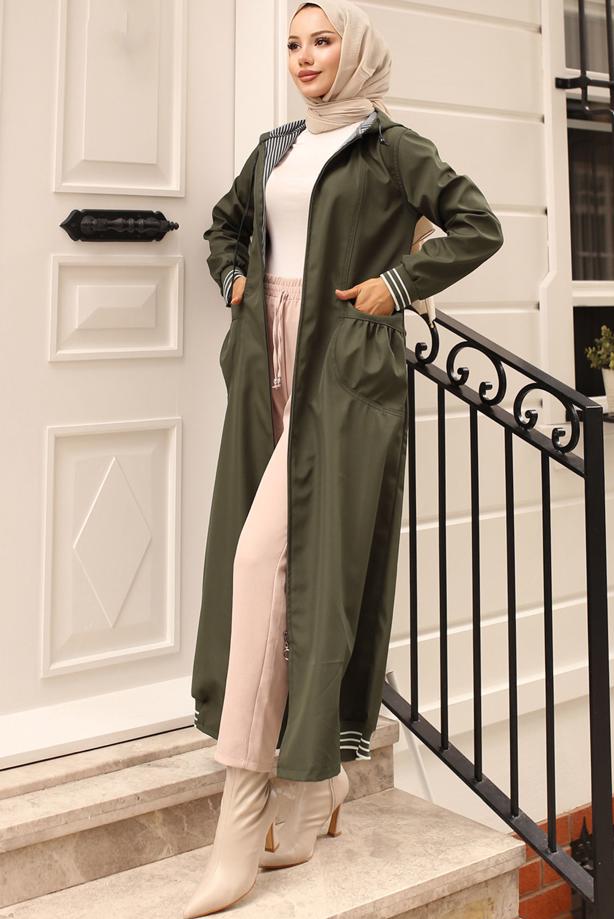Vêtements hijab KAKI TRENCH-COAT À CAPUCHE T 6521 - TRENDTESETTÜR