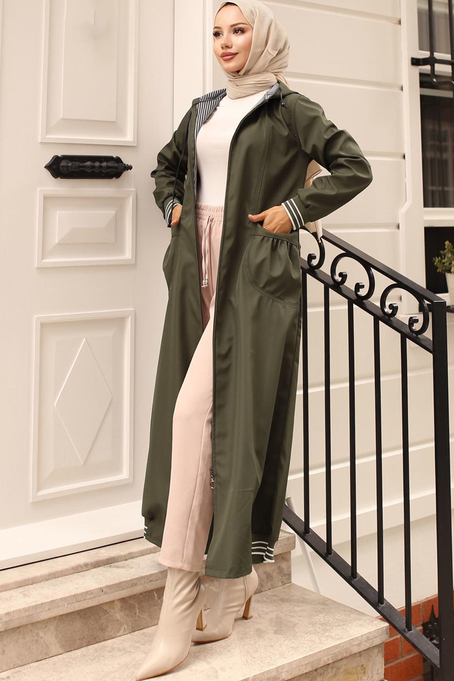 Vêtements hijab KAKI TRENCH-COAT À CAPUCHE T 6521