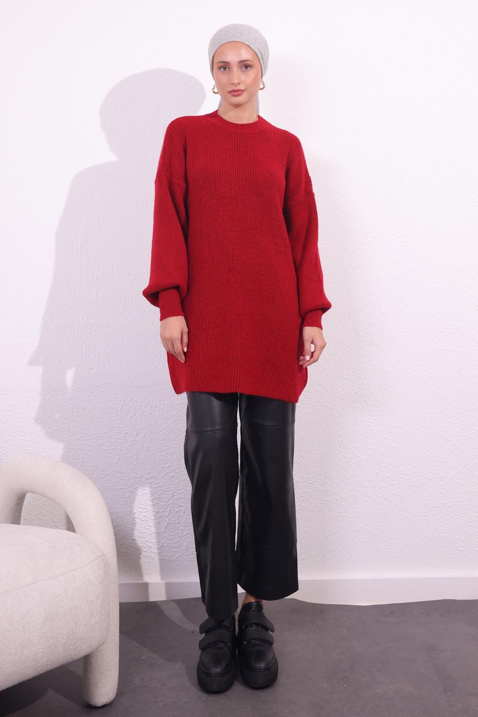 Tesettür giyim KIRMIZI BALON KOL TRİKO TUNİK T 1809