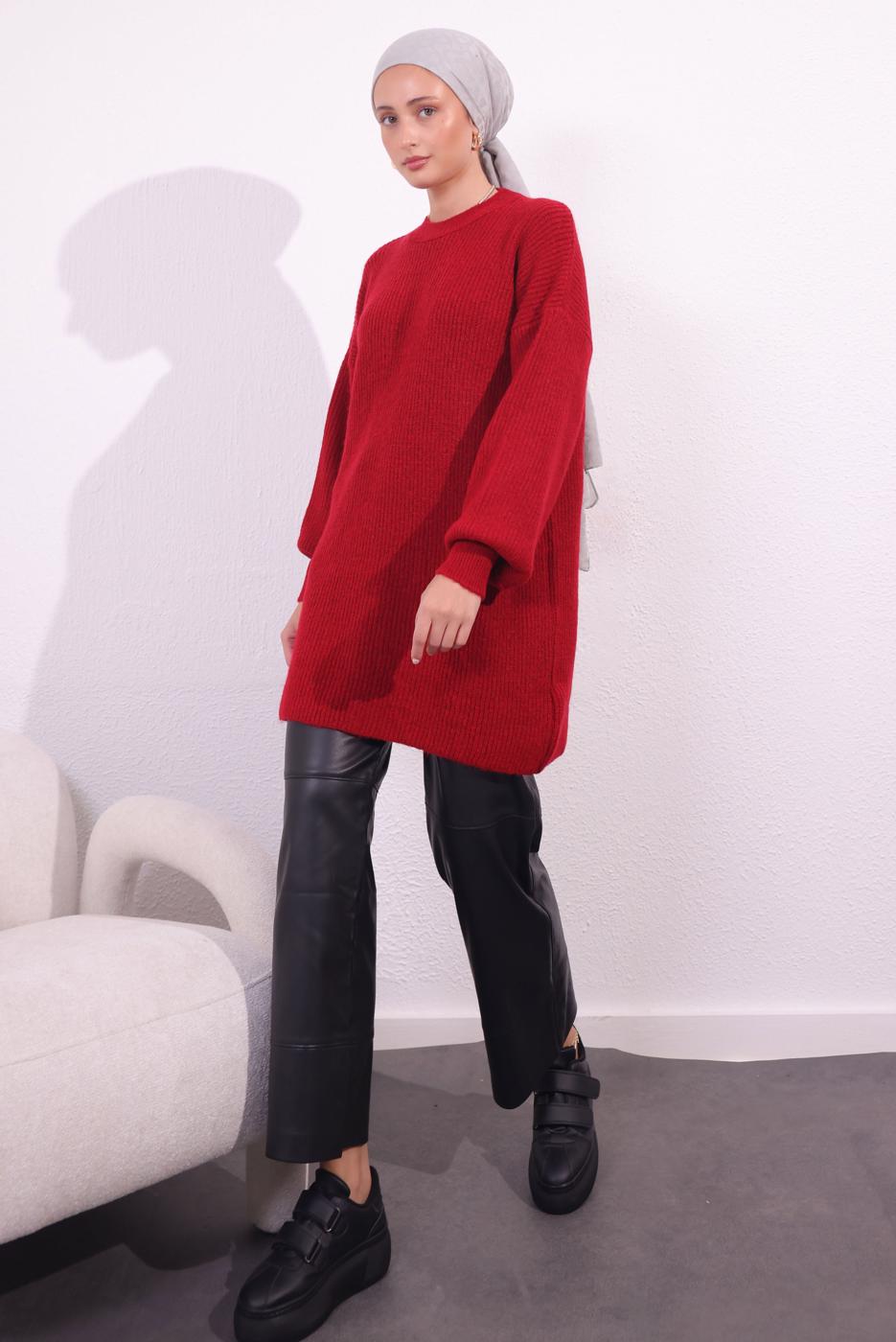 Tesettür giyim KIRMIZI BALON KOL TRİKO TUNİK T 1809