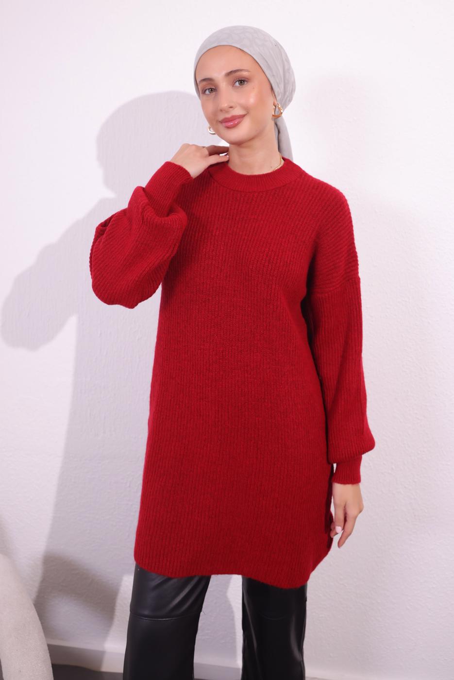 Tesettür giyim KIRMIZI BALON KOL TRİKO TUNİK T 1809
