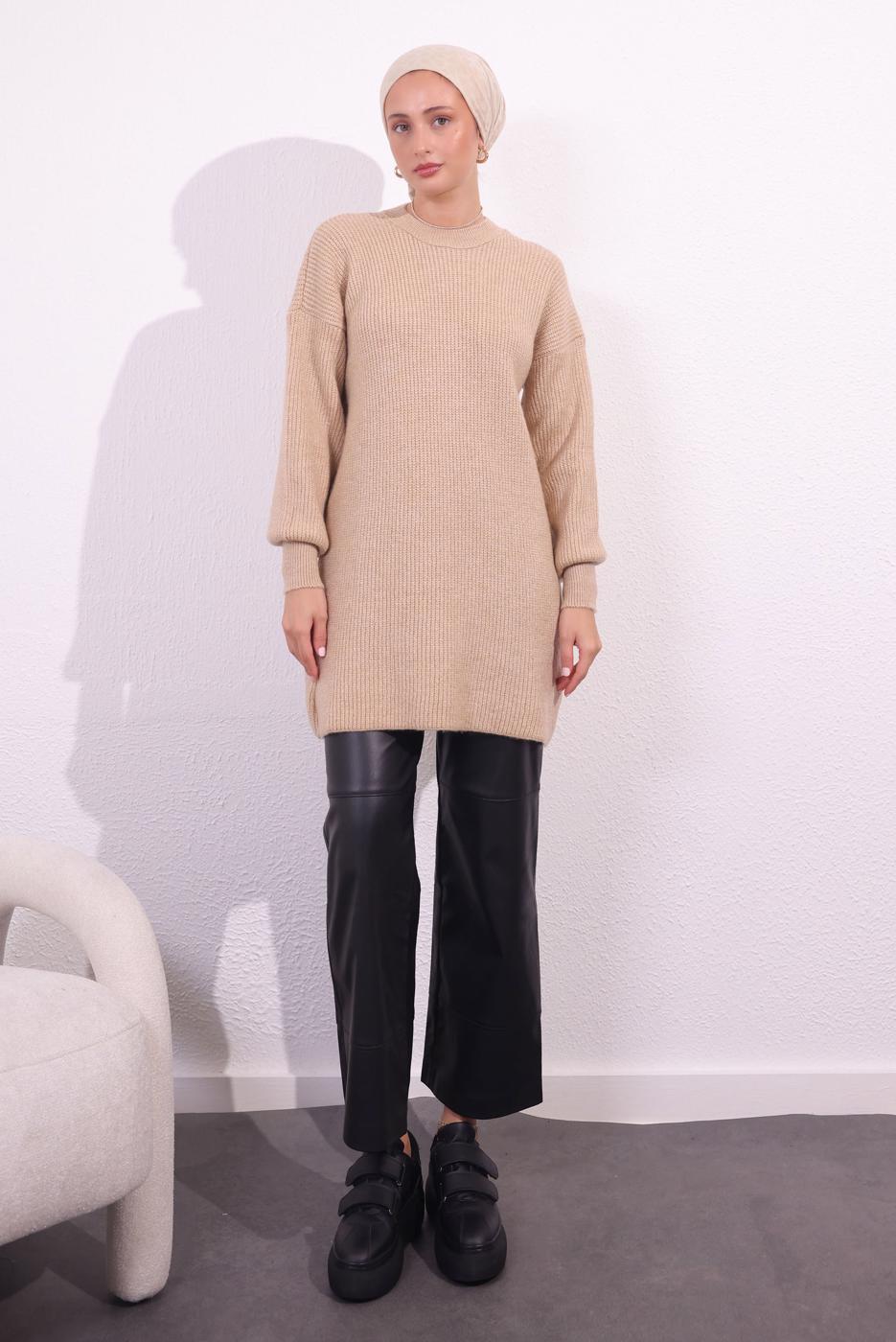 Tesettür giyim BEJ BALON KOL TRİKO TUNİK T 1809