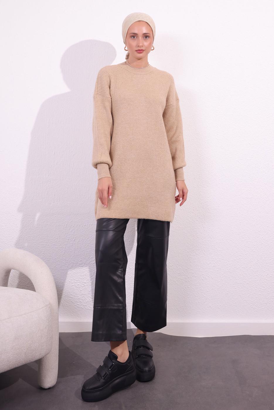 Tesettür giyim BEJ BALON KOL TRİKO TUNİK T 1809