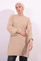 Tesettür giyim BEJ BALON KOL TRİKO TUNİK T 1809