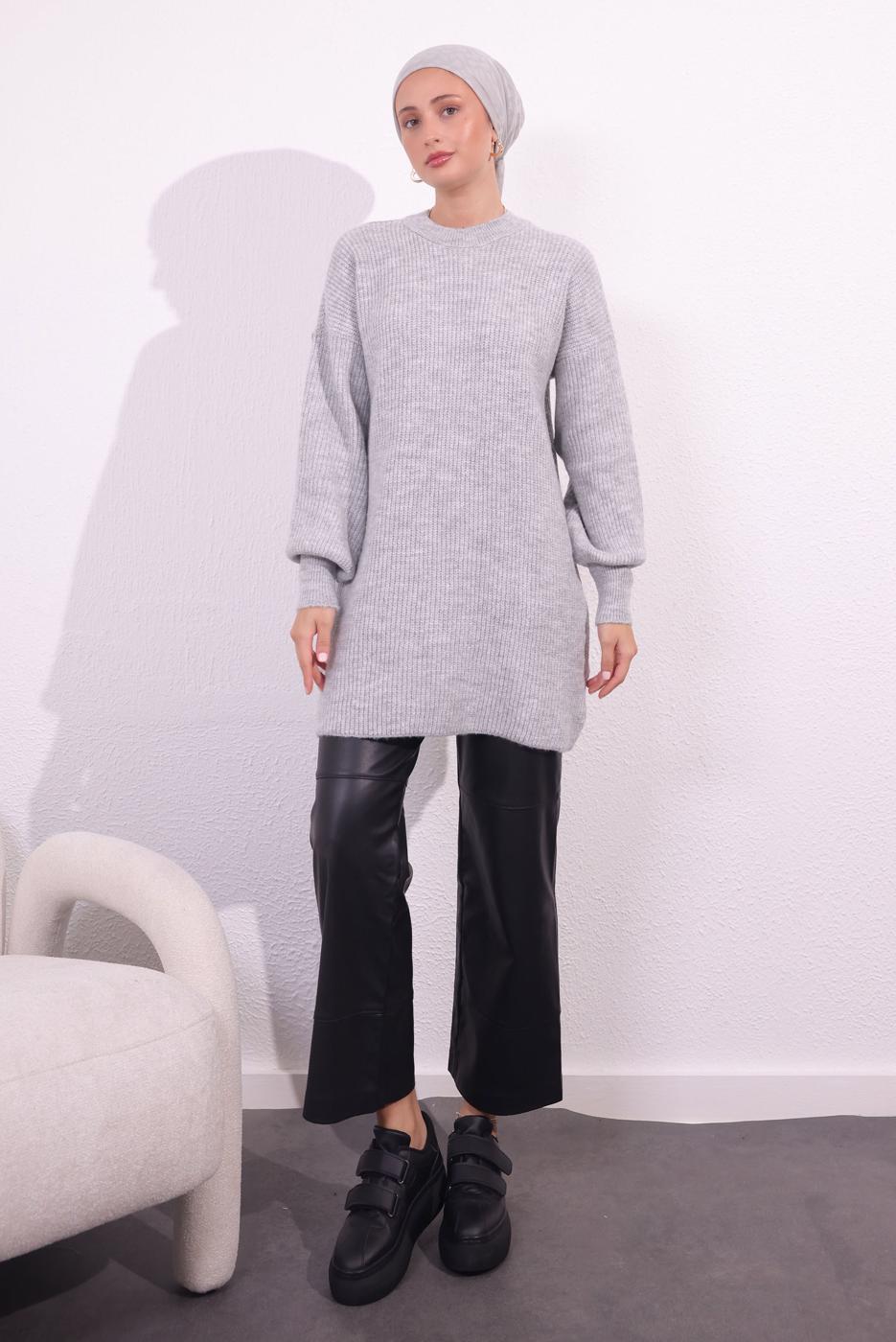 Tesettür giyim GRİ BALON KOL TRİKO TUNİK T 1809