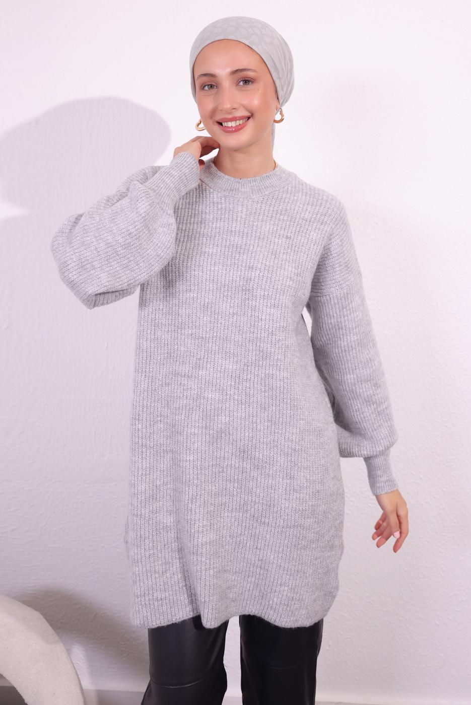 Tesettür giyim GRİ BALON KOL TRİKO TUNİK T 1809
