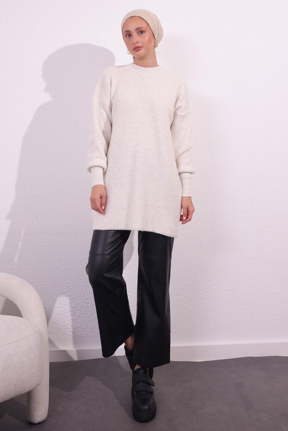 Tesettür giyim EKRU BALON KOL TRİKO TUNİK T 1809