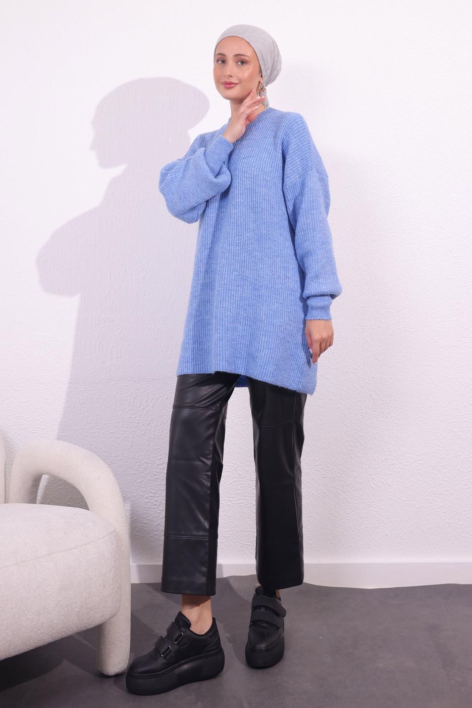 Tesettür giyim MAVİ BALON KOL TRİKO TUNİK T 1809