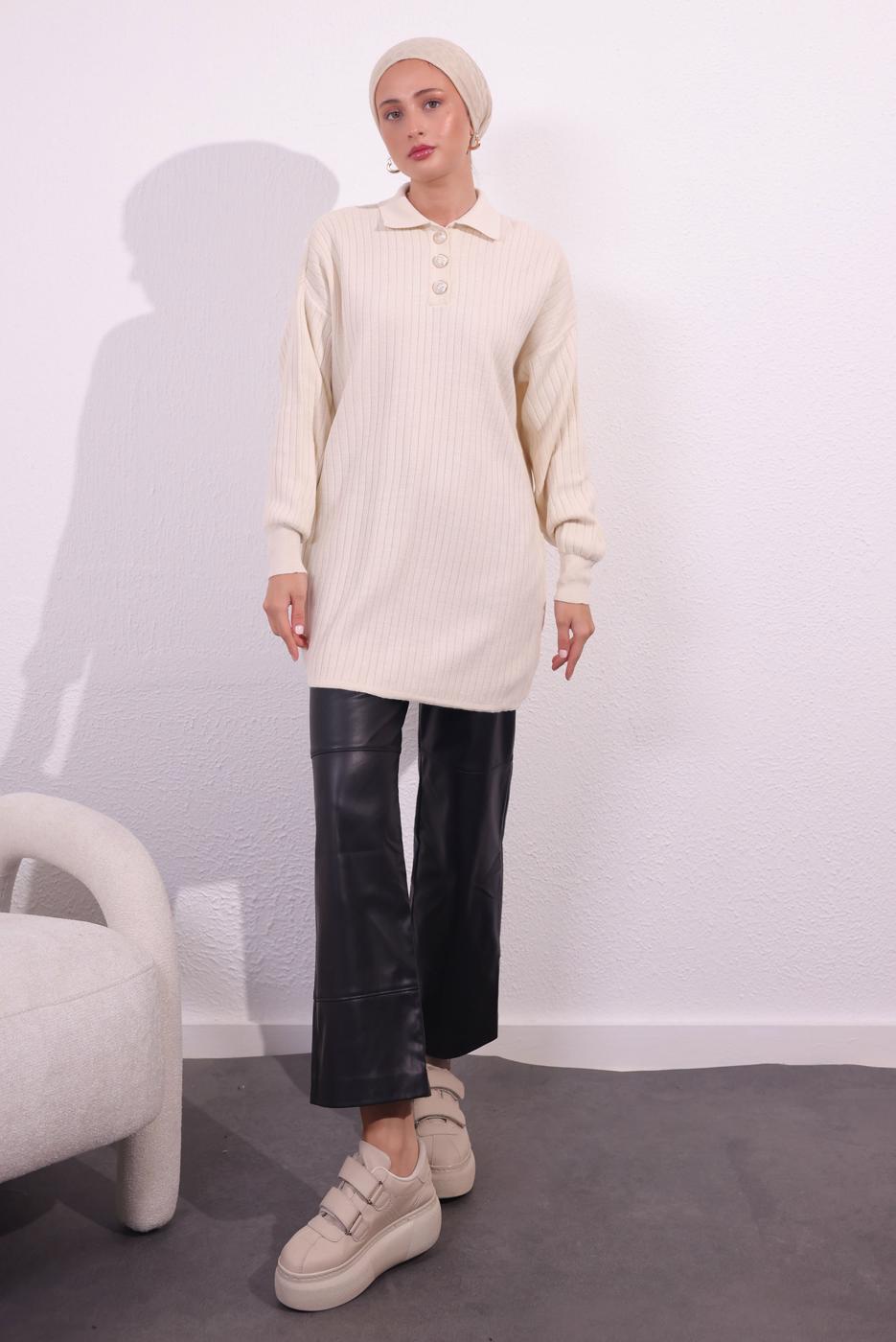 Tesettür giyim EKRU TRİKO KAZAK T 7409