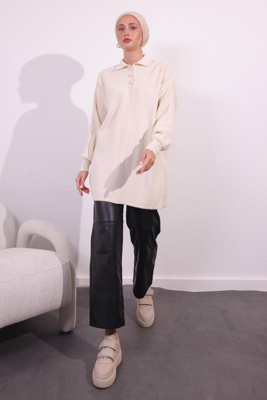 Tesettür giyim EKRU TRİKO KAZAK T 7409