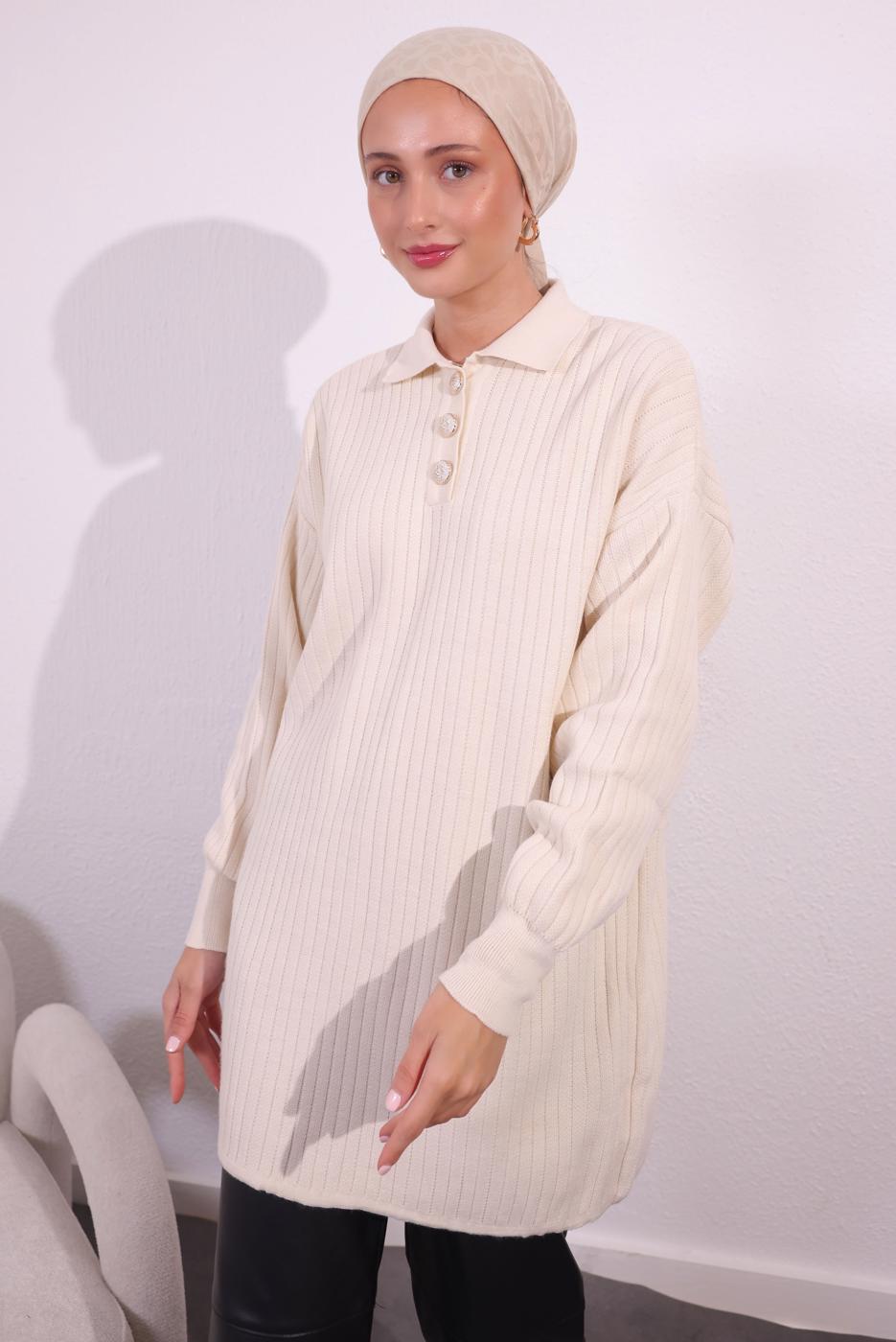 Tesettür giyim EKRU TRİKO KAZAK T 7409
