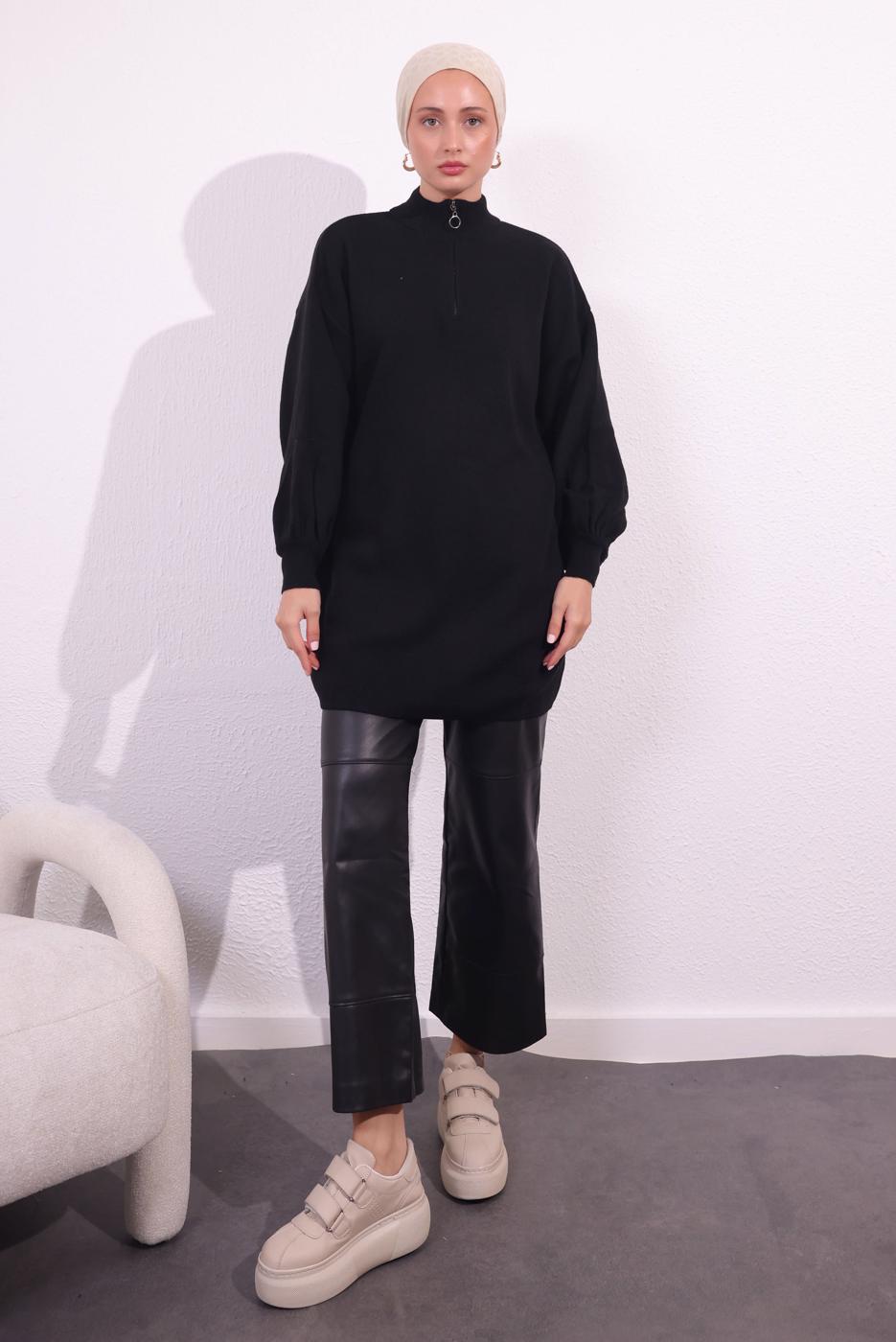 Tesettür giyim SİYAH FERMUARLI TRİKO KAZAK T 8609