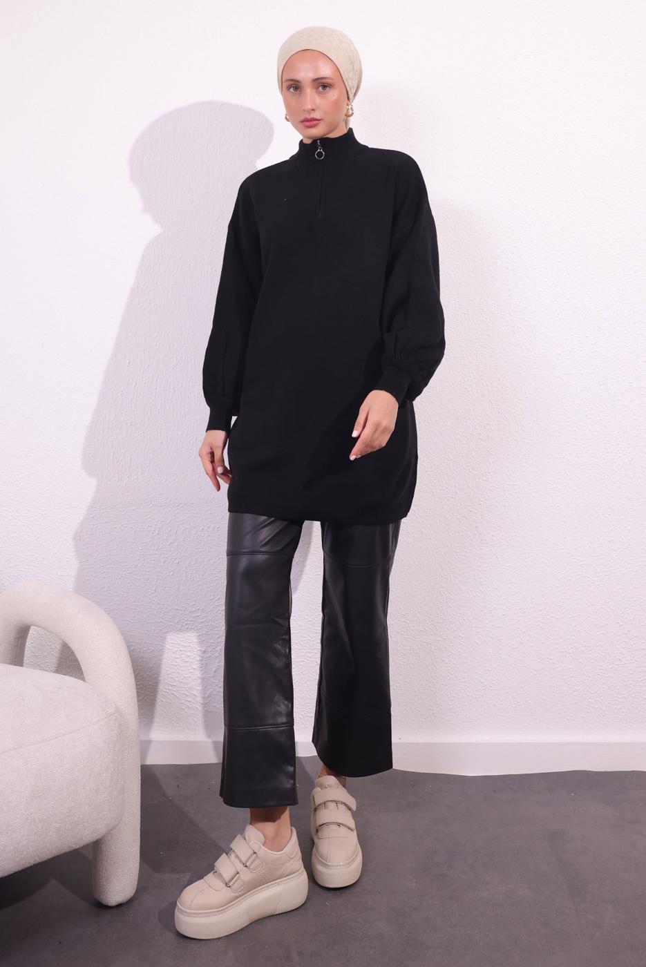 Tesettür giyim SİYAH FERMUARLI TRİKO KAZAK T 8609