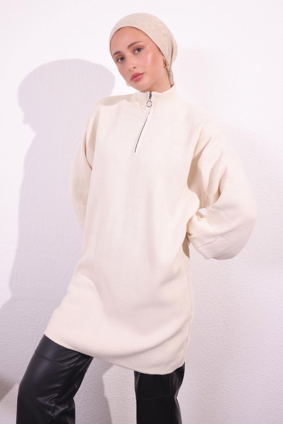 Tesettür giyim EKRU FERMUARLI TRİKO KAZAK T 8609