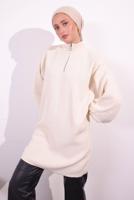 Tesettür giyim EKRU FERMUARLI TRİKO KAZAK T 8609