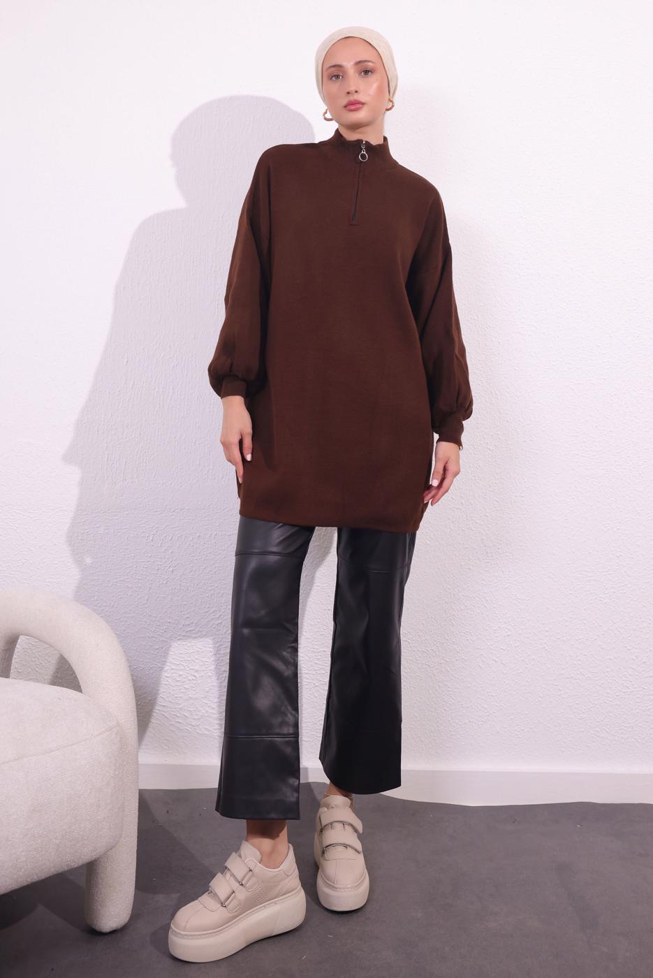 Tesettür giyim KAHVE FERMUARLI TRİKO KAZAK T 8609