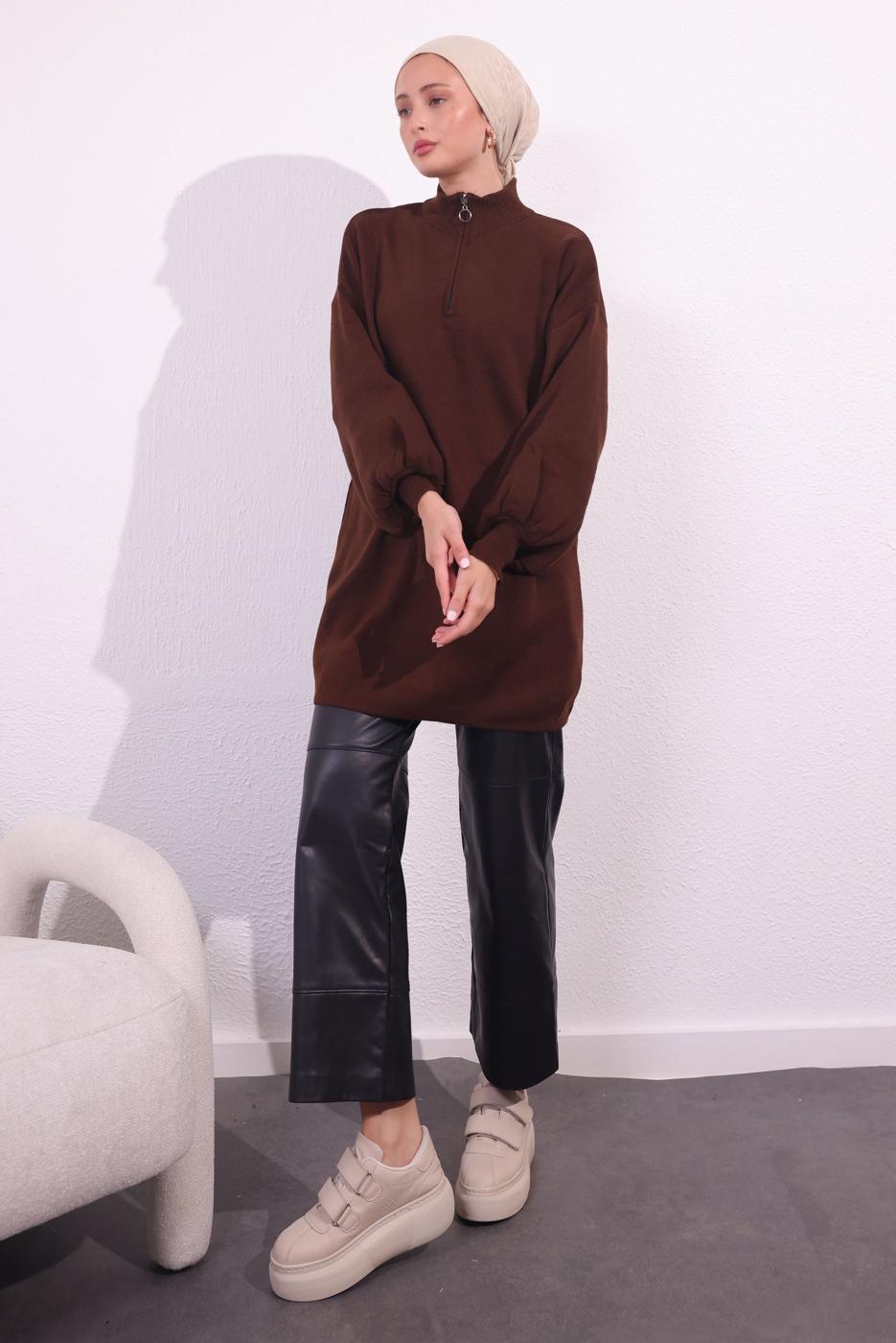 Tesettür giyim KAHVE FERMUARLI TRİKO KAZAK T 8609