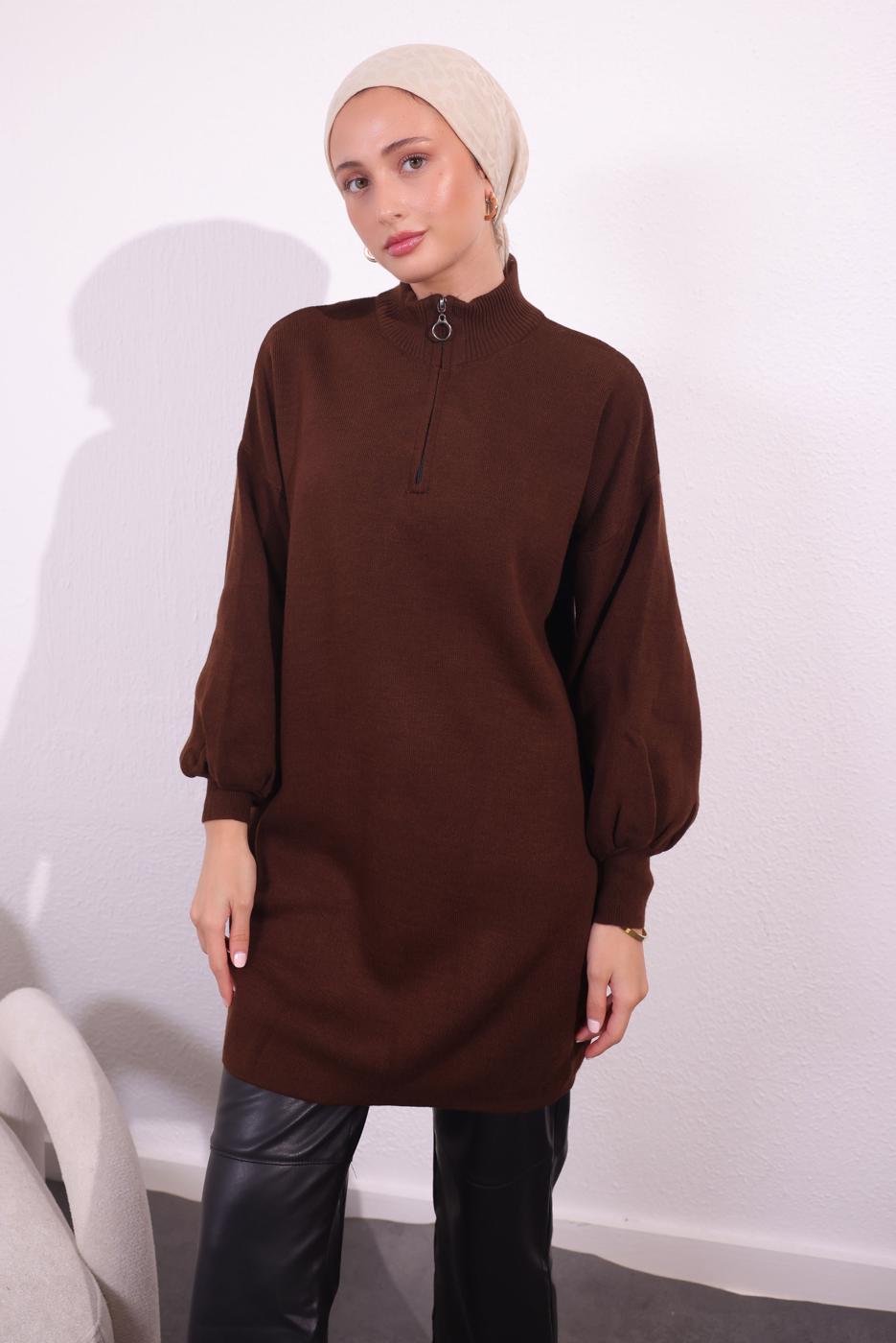 Tesettür giyim KAHVE FERMUARLI TRİKO KAZAK T 8609