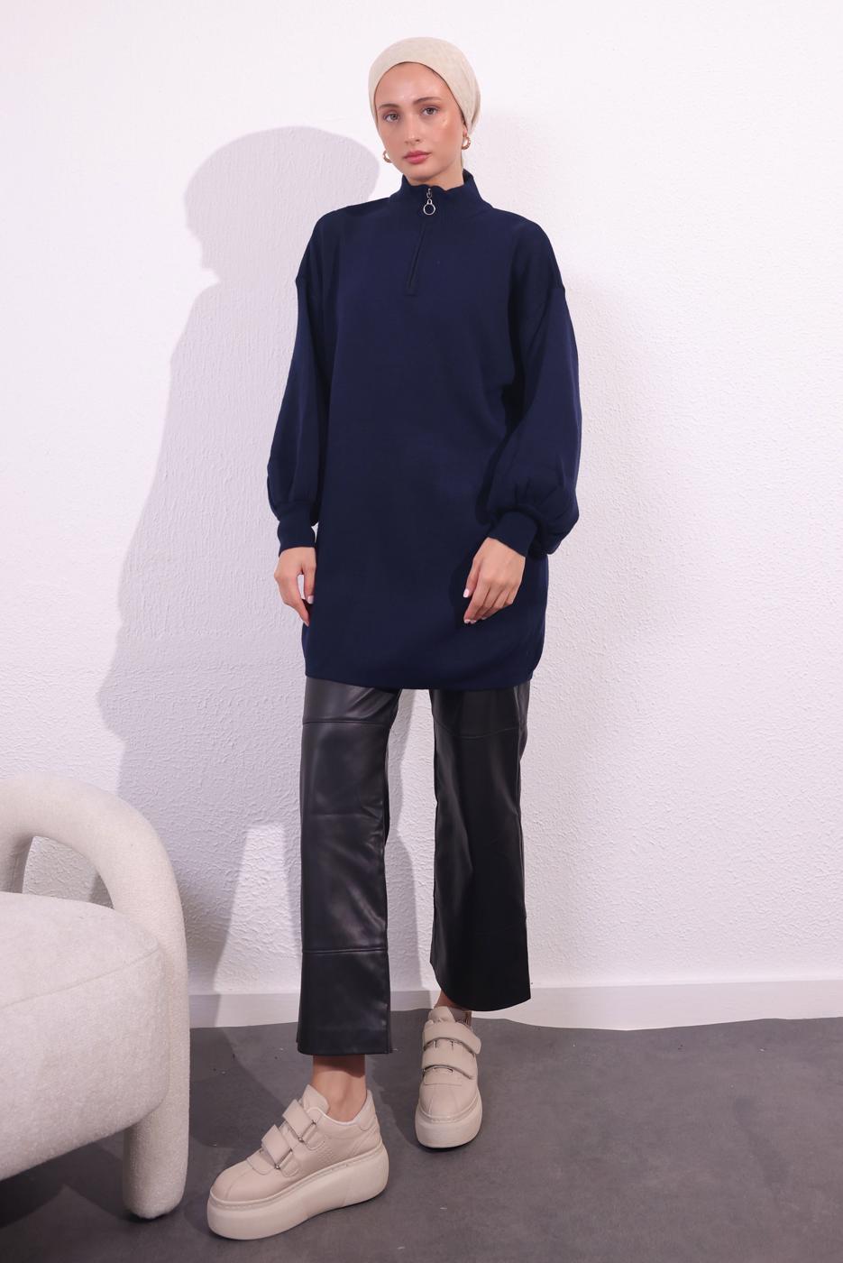 Tesettür giyim LACİVERT FERMUARLI TRİKO KAZAK T 8609