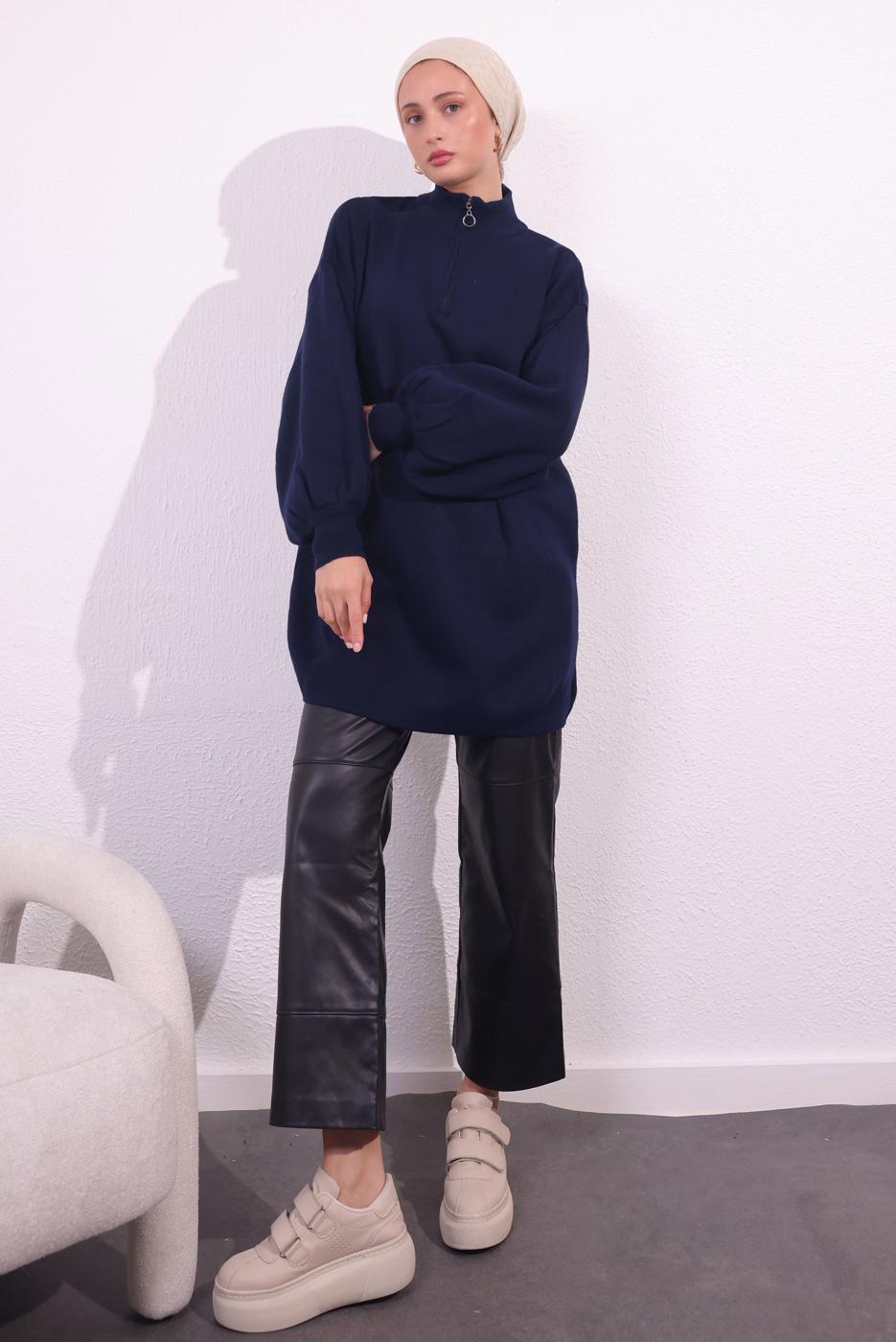Tesettür giyim LACİVERT FERMUARLI TRİKO KAZAK T 8609