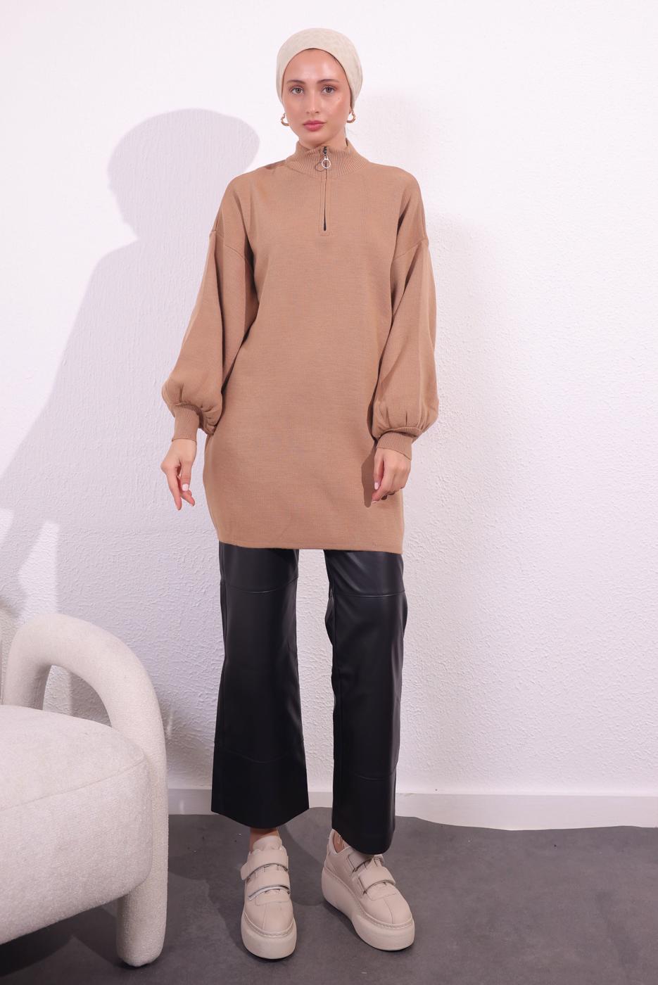 Tesettür giyim PEMBE FERMUARLI TRİKO KAZAK T 8609