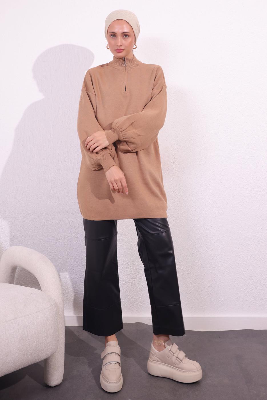 Tesettür giyim PEMBE FERMUARLI TRİKO KAZAK T 8609