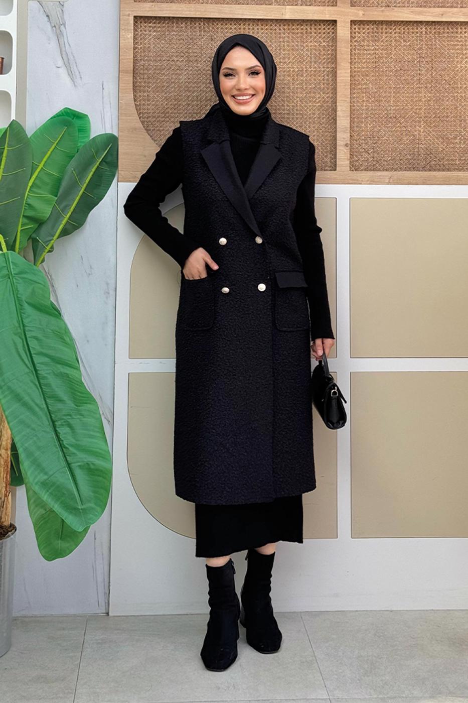 Tesettür giyim SİYAH KRUVAZE YAKA UZUN YELEK T 6987	
