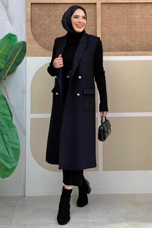 Tesettür giyim SİYAH KRUVAZE YAKA UZUN YELEK T 6987	 - TRENDTESETTÜR