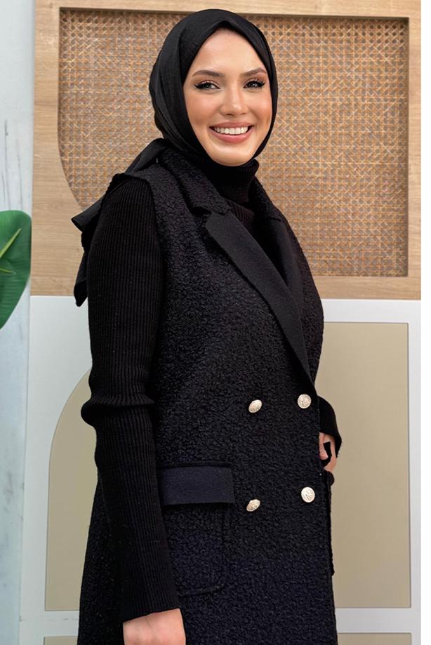 Tesettür giyim SİYAH KRUVAZE YAKA UZUN YELEK T 6987	 - TRENDTESETTÜR