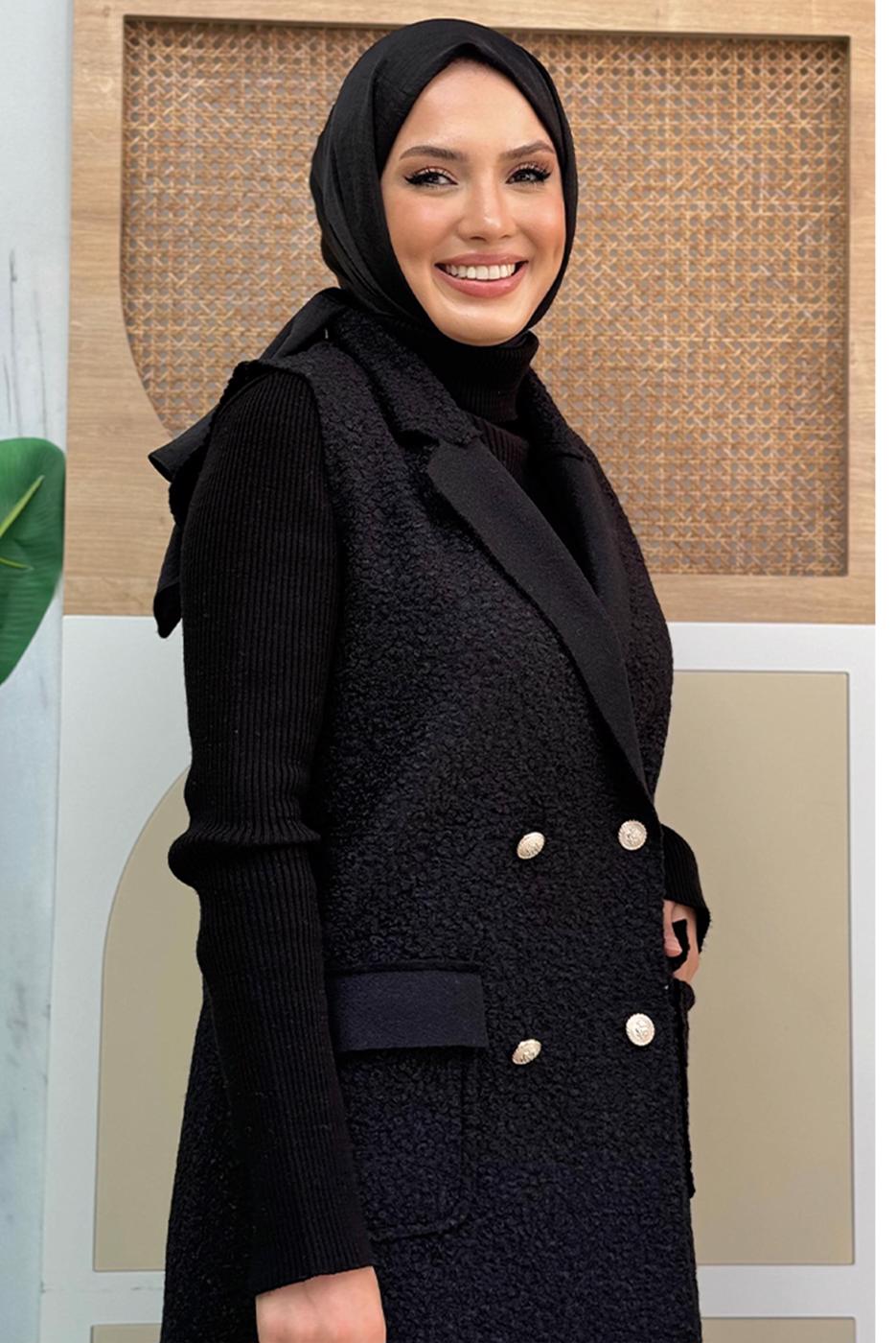 Tesettür giyim SİYAH KRUVAZE YAKA UZUN YELEK T 6987	